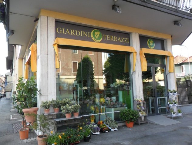 La vetrina del negozio Eurogreen con l'insegna Giardini e Terrazzi e piante esposte sul marciapiede